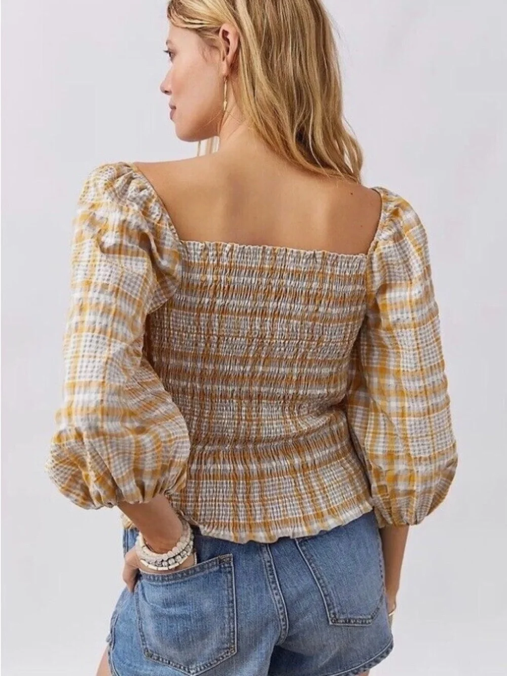 Anthropologie Maeve Plaid Square-Neck Blouse Sz M puff sleeves Casual Travel